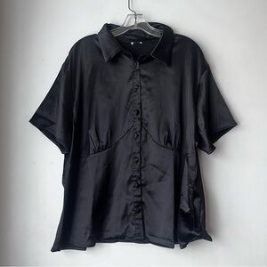 Princess Polly Bessie Black Satin Button Front Collared Blouse Plus Size 18